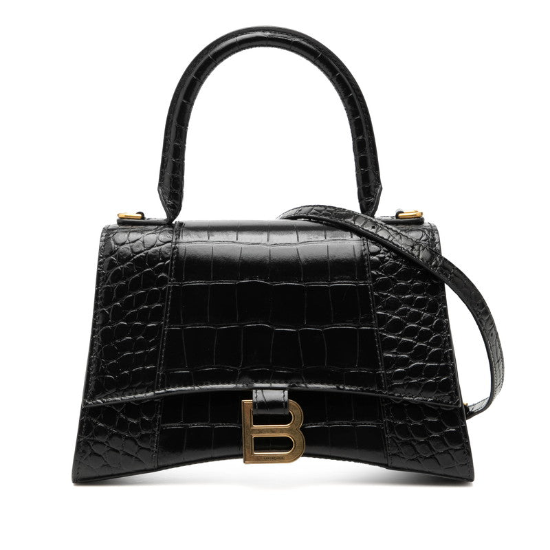 バレンシアガ アワーグラス スモール クロコ型押し ハンドバッグ ショルダーバッグ 2WAY ブラック レザー レディース BALENCIAGA 【中古】