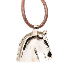 エルメス シュバル ホース 馬 ネックレス シルバー ブラウン メタル レザー レディース HERMES 【中古】