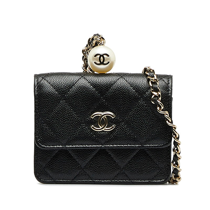 シャネル マトラッセ ココマーク チェーン コインパース カードケース ブラック キャビアスキン フェイクパール レディース CHANEL 【中古】