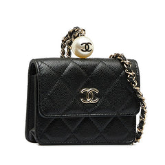 シャネル マトラッセ ココマーク チェーン コインパース カードケース ブラック キャビアスキン フェイクパール レディース CHANEL 【中古】
