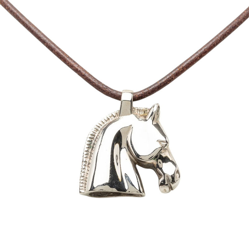 エルメス シュバルホース ペンダント ネックレス シルバー レザー メタル レディース HERMES 【中古】