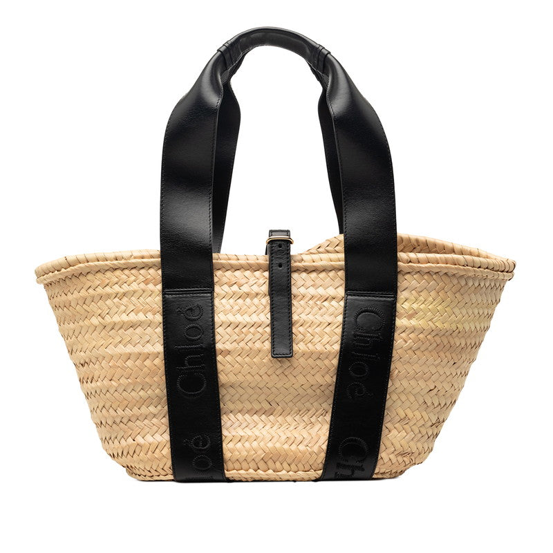 クロエ ロゴ ミディアム バスケット ハンドバッグ カゴバッグ ベージュ ブラック ラフィア レザー レディース Chloe 【中古】