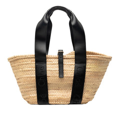 クロエ ロゴ ミディアム バスケット ハンドバッグ カゴバッグ ベージュ ブラック ラフィア レザー レディース Chloe 【中古】