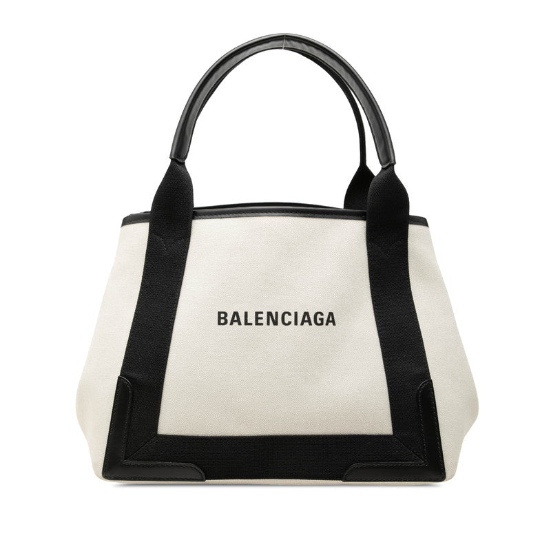 バレンシアガ ネイビー カバスS トートバッグ ハンドバッグ 339933 アイボリー ブラック キャンバス レザー レディース BALENCIAGA 中古