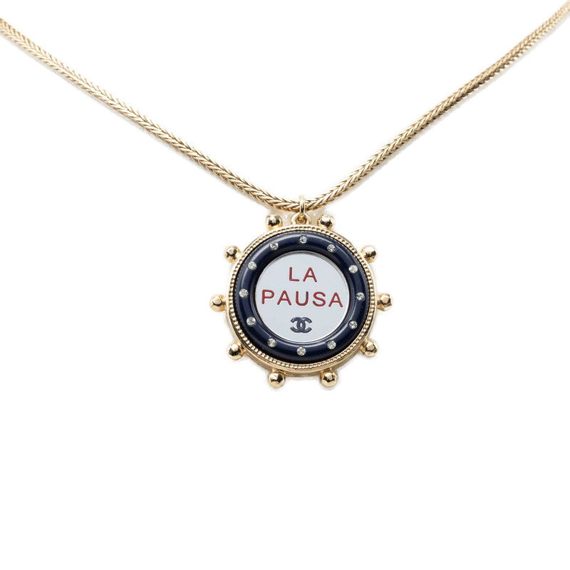 シャネル ココマーク LA PAUSA ミラー ペンダント ネックレス ゴールド ネイビー メッキ ラインストーン レディース CHANEL 中古