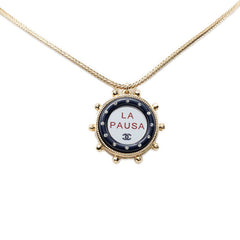 シャネル ココマーク LA PAUSA ミラー ペンダント ネックレス ゴールド ネイビー メッキ ラインストーン レディース CHANEL 中古