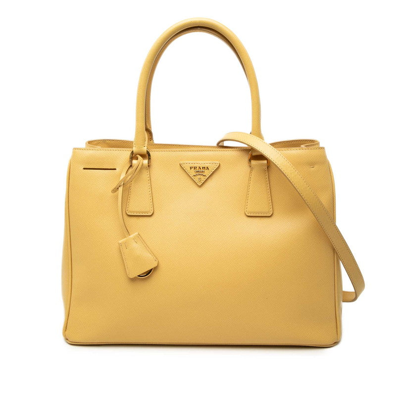 プラダ 三角ロゴプレート ガレリア ハンドバッグ ショルダーバッグ 2WAY イエロー系 サフィアーノレザー レディース PRADA 中古