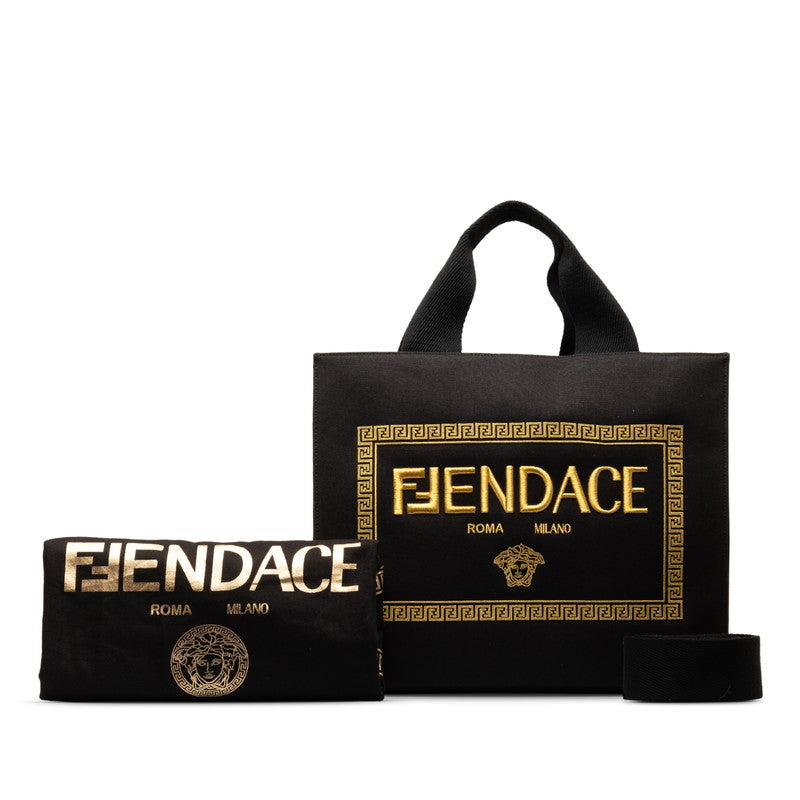 フェンディ ×ヴェルサーチ FENDACE フェンダーチェ ラ メデューサ トートバッグ ショルダーバッグ 2WAY 8BH395 ブラック キャンバス レディース FENDI 中古