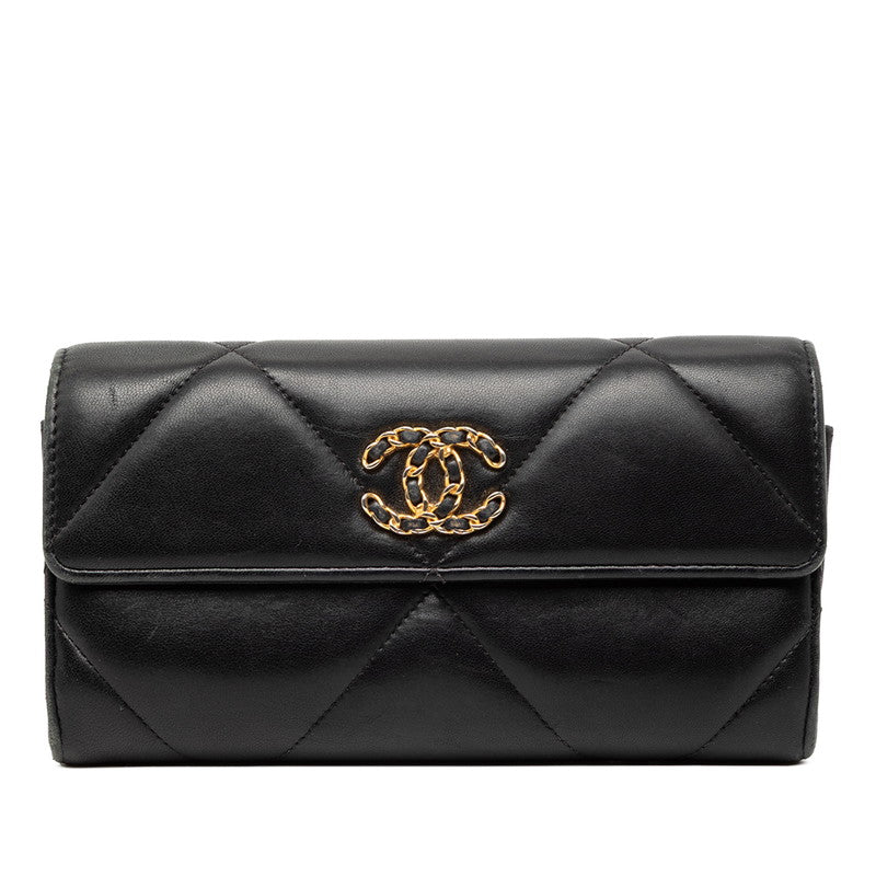 シャネル シャネル19 ココマーク 長財布 ロングフラップウォレット AP0955 ブラック ラムスキン レディース CHANEL 【中古】