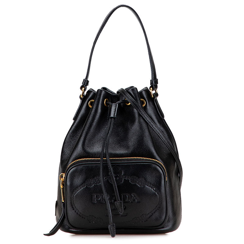 プラダ 三角ロゴプレート ハンドバッグ バケットバッグ ショルダーバッグ 2WAY ブラック レザー レディース PRADA 【中古】