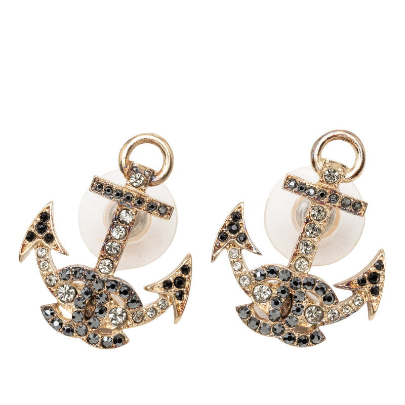 シャネル ココマーク アンカーモチーフ スタッド ピアス 18A刻印 ゴールド ブラック メッキ ラインストーン レディース CHANEL 【中古】