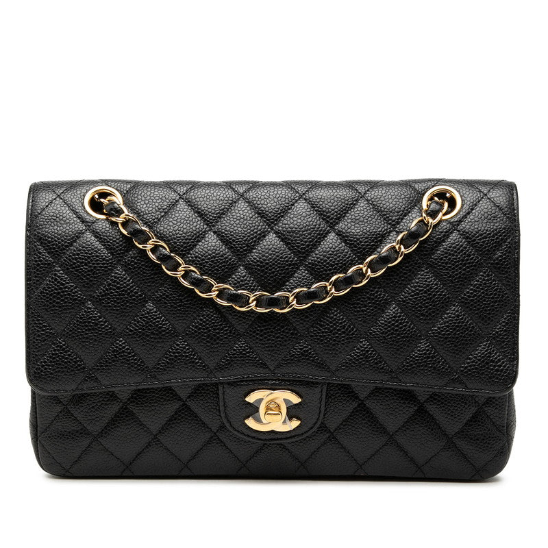シャネル ココマーク マトラッセ25 ダブルフラップ チェーンショルダーバッグ ブラック キャビアスキン レディース CHANEL 【中古】