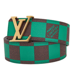 ルイ ヴィトン ダミエ LVイニシャル リバーシブル ベルト 95/38 M8545 グリーン ブラウン PVC レザー メンズ LOUIS VUITTON 【中古】