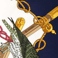 エルメス カレ90 LES OISEAUX DU ROY 王の鳥たち スカーフ ネイビー ホワイト シルク レディース HERMES 【中古】