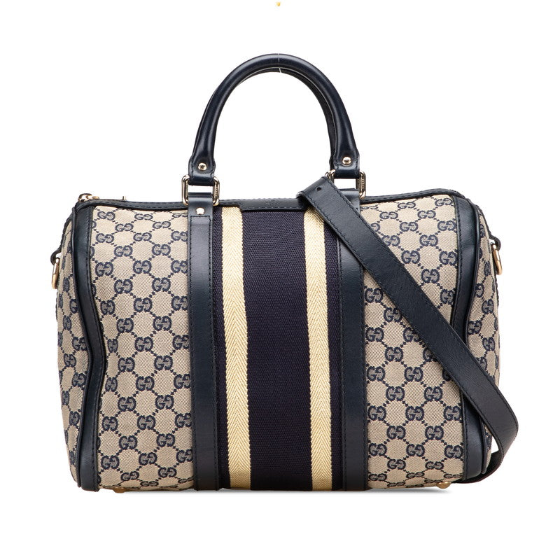 グッチ GGキャンバス ミニボストンバッグ ショルダーバッグ 2WAY 247205 ネイビー ベージュ キャンバス レザー レディース GUCCI 【中古】