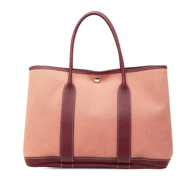 エルメス ガーデンパーティーMM キャンバス トートバッグ □O刻印 ピンク ブラウン トワルアッシュ レザー レディース HERMES 【中古】