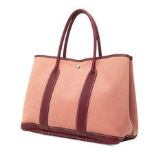 エルメス ガーデンパーティーMM キャンバス トートバッグ □O刻印 ピンク ブラウン トワルアッシュ レザー レディース HERMES 【中古】