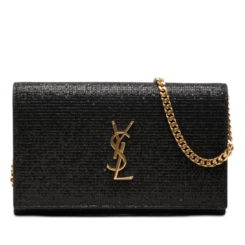 サンローラン YSLロゴ ケイト ウォレット チェーン ショルダーバッグ 斜め掛け ブラック スパンコール レザー レディース SAINT LAURENT 【中古】
