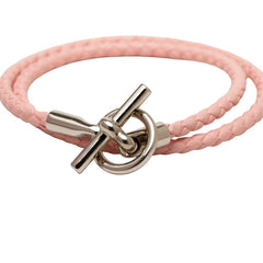 エルメス グレナン ドゥブルトゥール ブレスレット ローズ サクラ シルバー レザー メタル レディース HERMES 【中古】