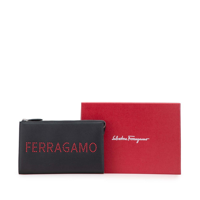 サルヴァトーレフェラガモ ロゴスタッズ クラッチバッグ ポーチ 24A121 ブラック レッド カーフレザー レディース Salvatore Ferragamo 【中古】