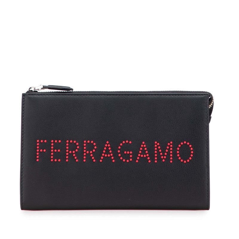 サルヴァトーレフェラガモ ロゴスタッズ クラッチバッグ ポーチ 24A121 ブラック レッド カーフレザー レディース Salvatore Ferragamo 【中古】
