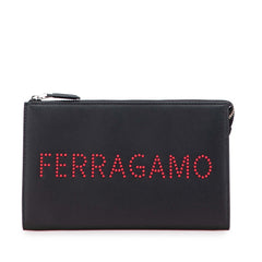 サルヴァトーレフェラガモ ロゴスタッズ クラッチバッグ ポーチ 24A121 ブラック レッド カーフレザー レディース Salvatore Ferragamo 【中古】