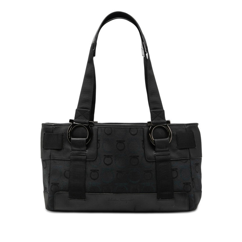 サルヴァトーレフェラガモ ガンチーニ トートバッグ ブラック ネイビー ブルー系 キャンバス レザー レディース Salvatore Ferragamo 【中古】