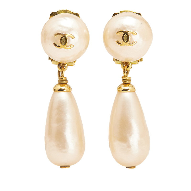 シャネル ヴィンテージ ココマーク ティアドロップ イヤリング スイング ゴールド メッキ フェイクパール レディース CHANEL 【中古】