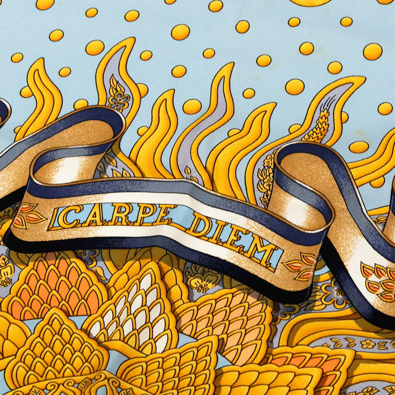 エルメス カレ90 CARPE DIEM 今日一日を楽しむ スカーフ ブルー ゴールド マルチカラー シルク レディース HERMES 【中古】