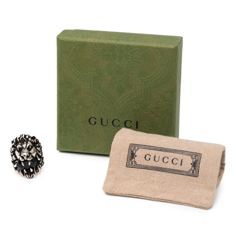 グッチ ライオンヘッド リング 指輪 #16 シルバー ブラック メタル ストーン メンズ GUCCI 【中古】