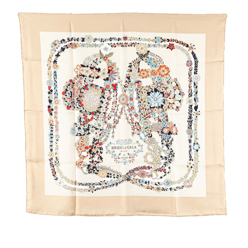 エルメス カレ90 BRIDES de GALA en fleurs ブリッド ドゥ ガラ アン フルール スカーフ ベージュ マルチカラー シルク レディース HERMES 【中古】