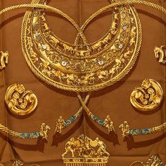 エルメス カレ90 LES CAVALIERS D'OR 黄金の騎士 スカーフ 大判 ブラウン系 マルチカラー シルク レディース HERMES 【中古】
