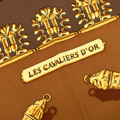 エルメス カレ90 LES CAVALIERS D'OR 黄金の騎士 スカーフ 大判 ブラウン系 マルチカラー シルク レディース HERMES 【中古】