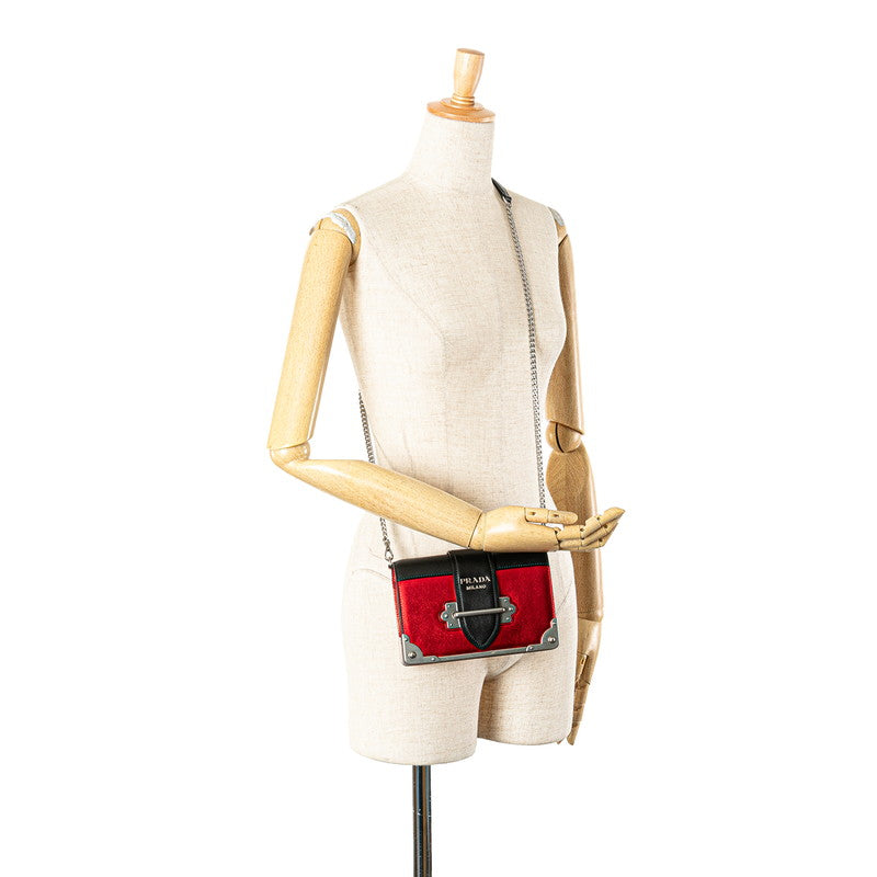 プラダ カイエ 斜め掛け チェーン ショルダーバッグ 1BD045 レッド ブラック シルバー金具 レザー レディース PRADA 【中古】