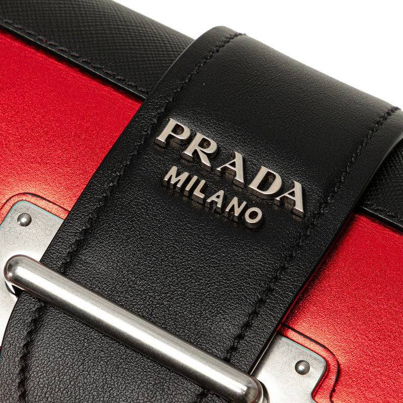 プラダ カイエ 斜め掛け チェーン ショルダーバッグ 1BD045 レッド ブラック シルバー金具 レザー レディース PRADA 【中古】