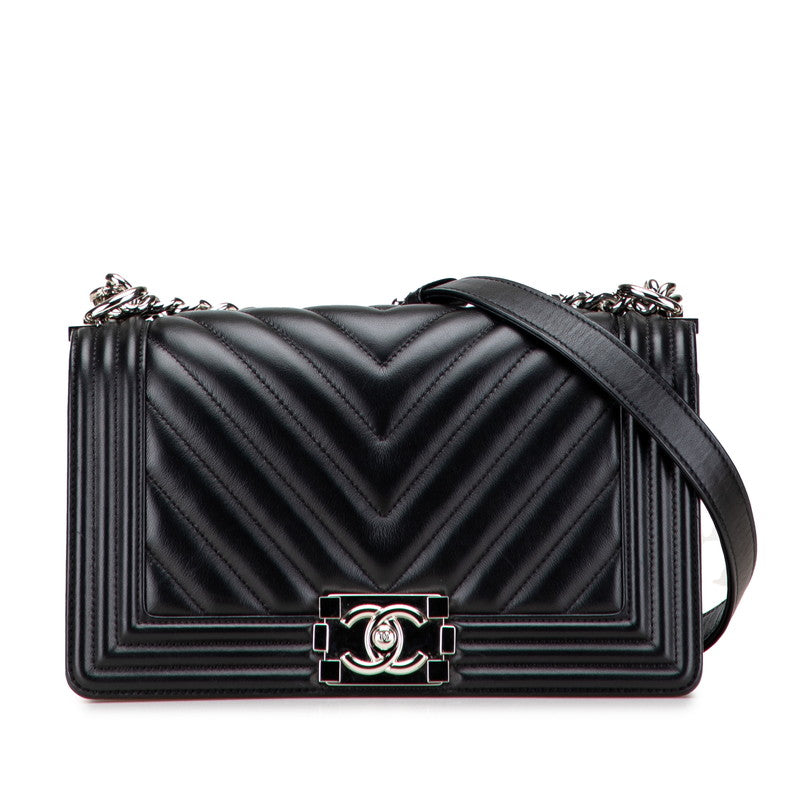シャネル ボーイシャネル シェブロン Vステッチ チェーンショルダーバッグ ブラック ラムスキン レディース CHANEL 【中古】