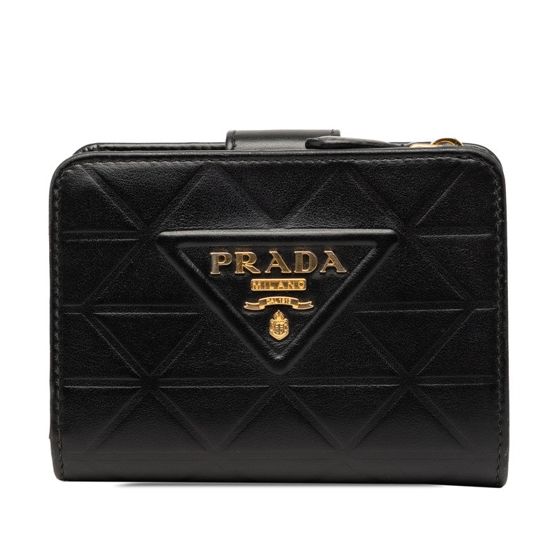 プラダ トライアングルロゴ 二つ折り財布 コンパクトウォレット ブラック ソフトカーフレザー レディース PRADA 【中古】