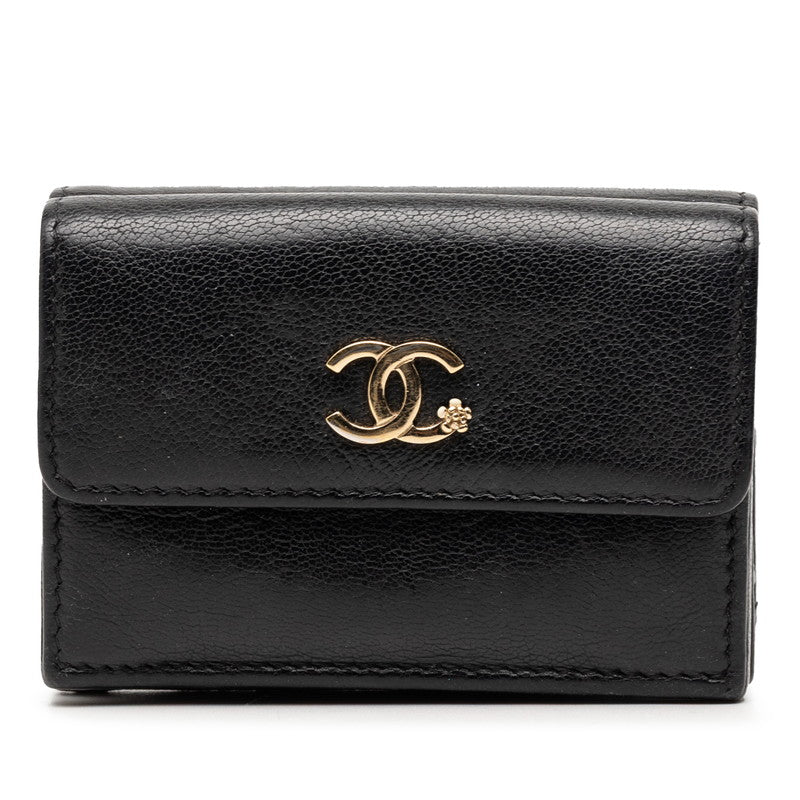シャネル ラッキーフラワー ココマーク 三つ折り財布 ブラック レザー レディース CHANEL 【中古】