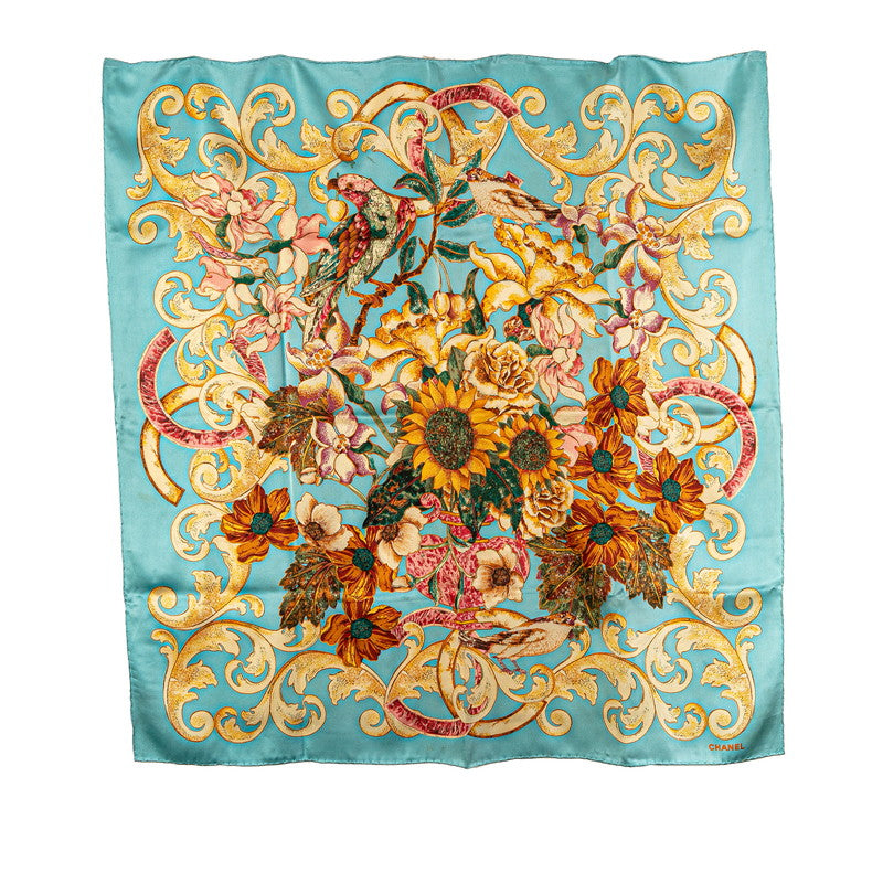 シャネル ココマーク 鳥 花 フラワー モチーフ スカーフ ブルー ブラウン マルチカラー シルク レディース CHANEL 【中古】