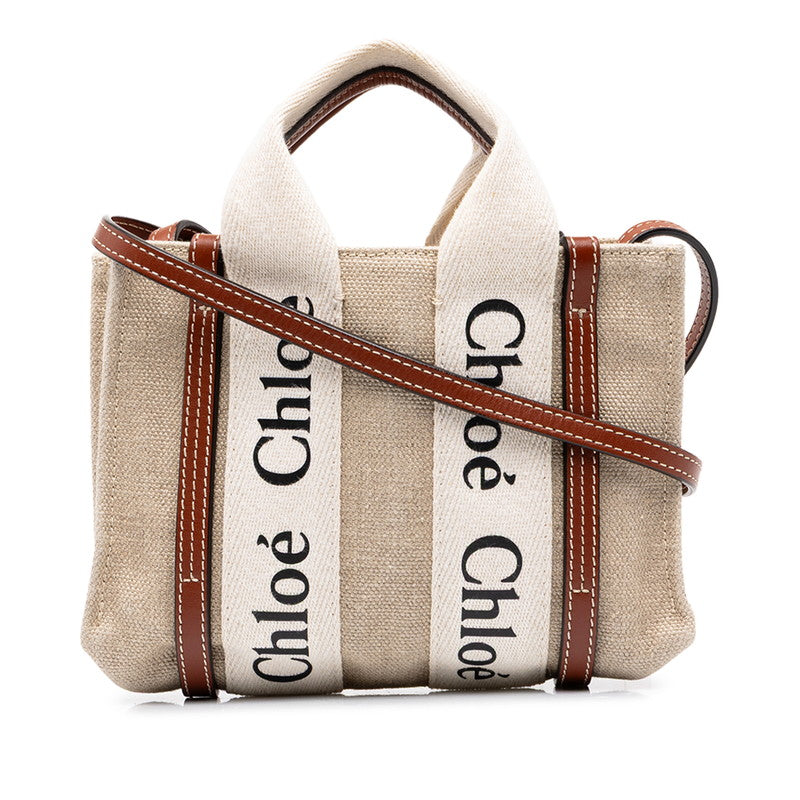 クロエ ウッディ ミニ ハンドバッグ ショルダーバッグ 03227565 ベージュ ブラウン キャンバス レザー レディース Chloe 中古