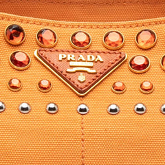 プラダ 三角ロゴプレート カナパM ハンドバッグ トートバッグ オレンジ キャンバス ビジュー レディース PRADA 【中古】