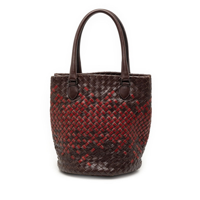 ボッテガヴェネタ イントレチャート ハンドバッグ トートバッグ ブラウン レッド レザー レディース BOTTEGAVENETA 【中古】