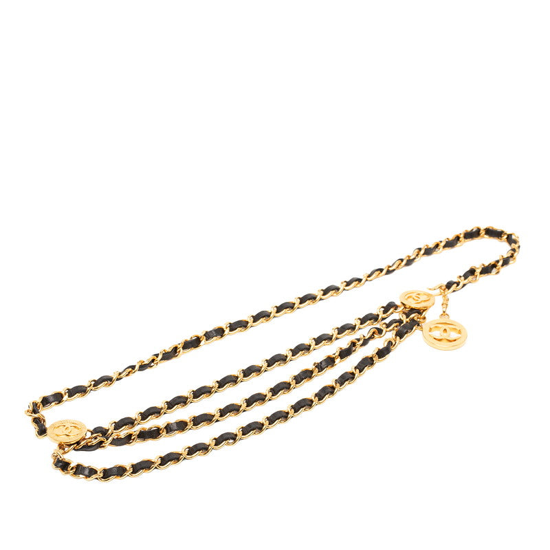 シャネル ヴィンテージ ココマーク 3連 チェーン ベルト ゴールド ブラック メッキ レザー レディース CHANEL 【中古】