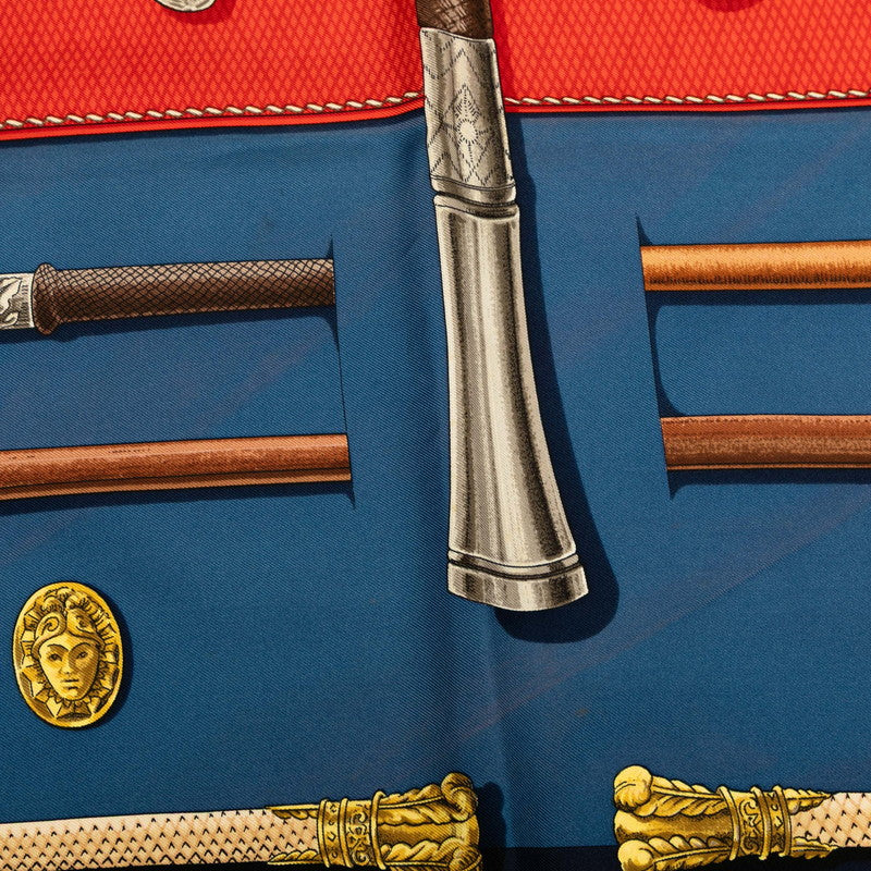 エルメス カレ90 Cannes et Pommeaux ステッキ スカーフ レッド ネイビー マルチカラー シルク レディース HERMES 【中古】