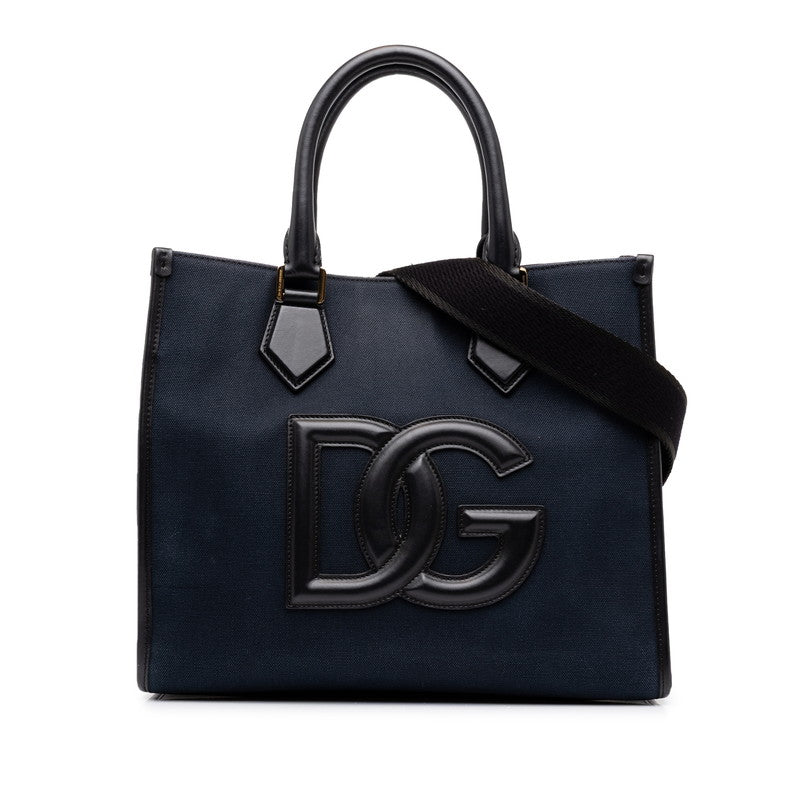 ドルチェアンドガッバーナ DGロゴ ハンドバッグ ショルダーバッグ 2WAY ネイビー ブラック キャンバス レザー レディース DOLCE&GABBANA 中古