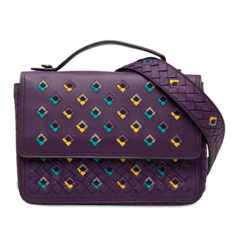 ボッテガヴェネタ イントレチャート 刺繍 ハンドバッグ ショルダーバッグ 2WAY パープル レザー レディース BOTTEGAVENETA 中古