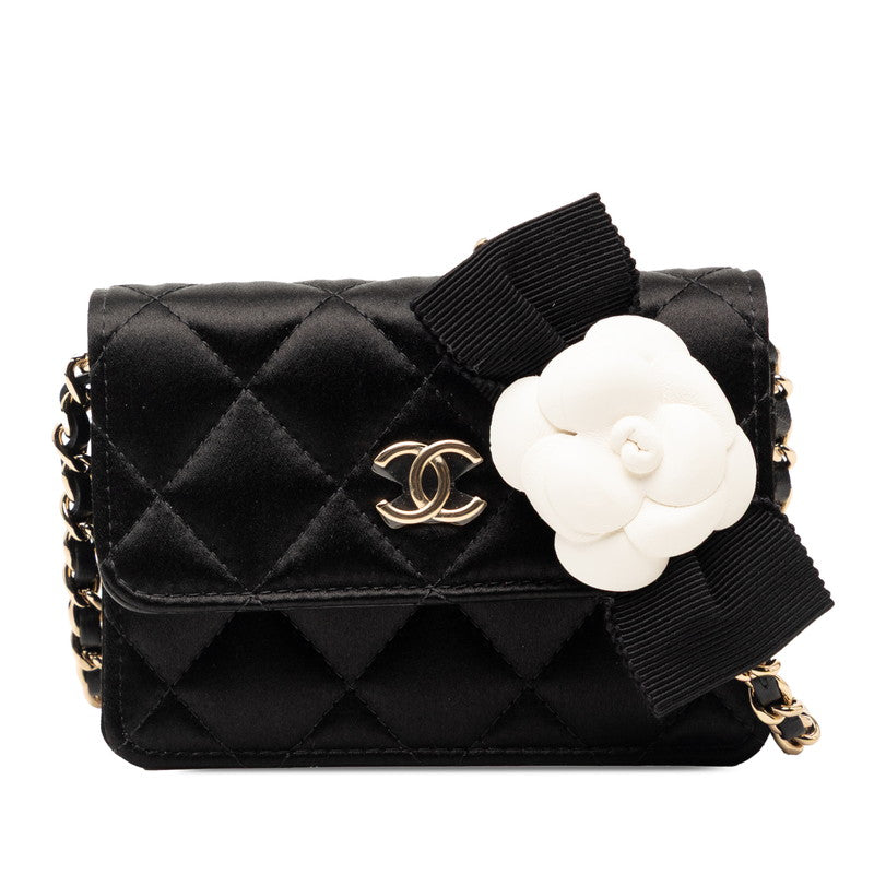 シャネル ココマーク マトラッセ カメリア リボン チェーン ショルダーウォレット ブラック コットン レザー レディース CHANEL 【中古】