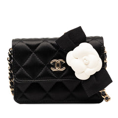 シャネル ココマーク マトラッセ カメリア リボン チェーン ショルダーウォレット ブラック コットン レザー レディース CHANEL 【中古】