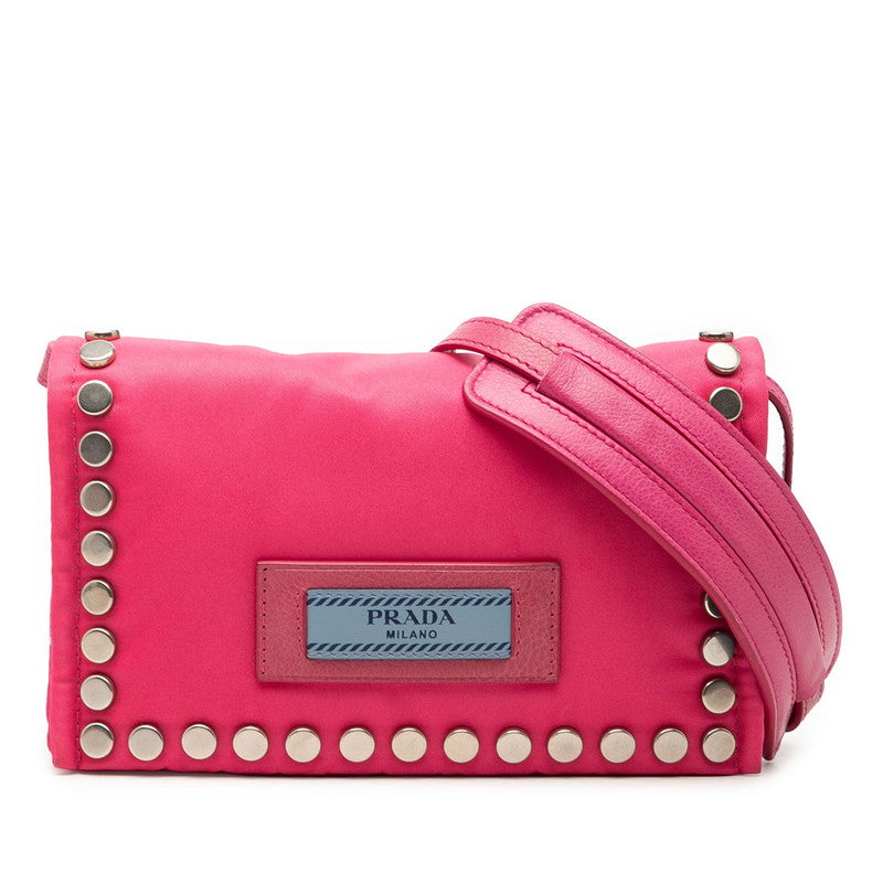 プラダ スタッズ 斜め掛け ショルダーバッグ ピンク ナイロン レザー レディース PRADA 【中古】