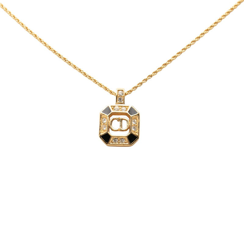 ディオール CDロゴ ヴィンテージ スクエア ペンダントネックレス ゴールド ブラック メッキ ラインストーン レディース Dior 【中古】